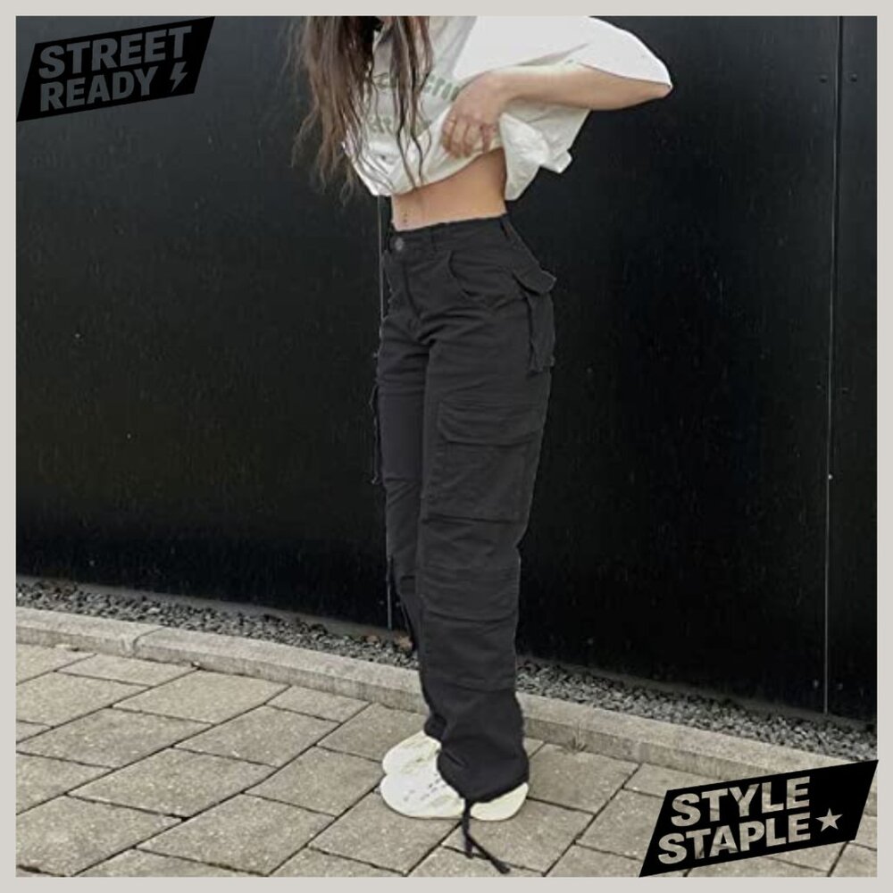 High Waisted Cargo Pants Women Baggy Y2K Straight Wide Leg Streetwear Pockets - Picture 4 of 6